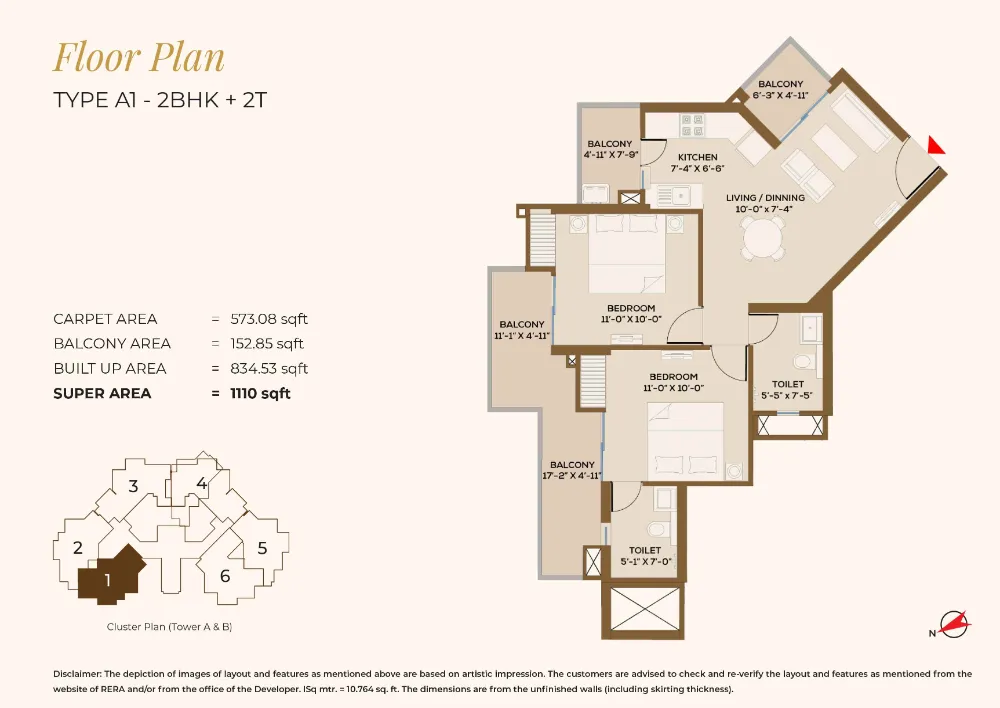 2 BHK Apartment Floor Plan Type A1